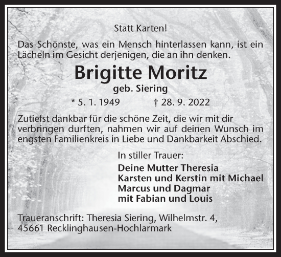 Traueranzeigen Von Brigitte Moritz Sich Erinnern De