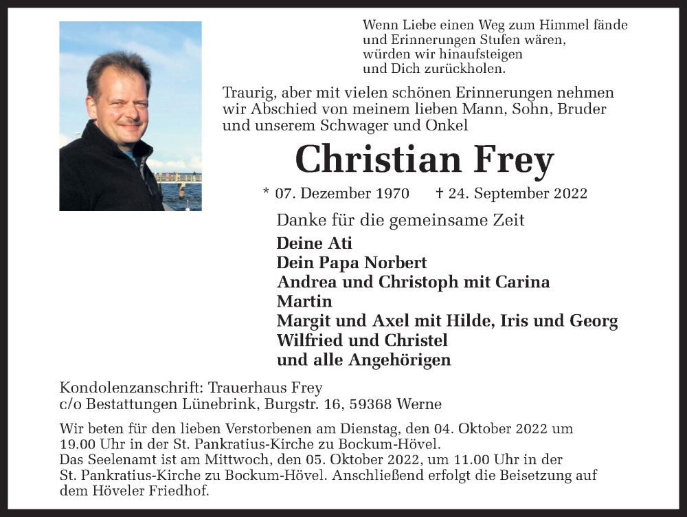  Traueranzeige für Christian Frey vom 01.10.2022 aus Ruhr Nachrichten