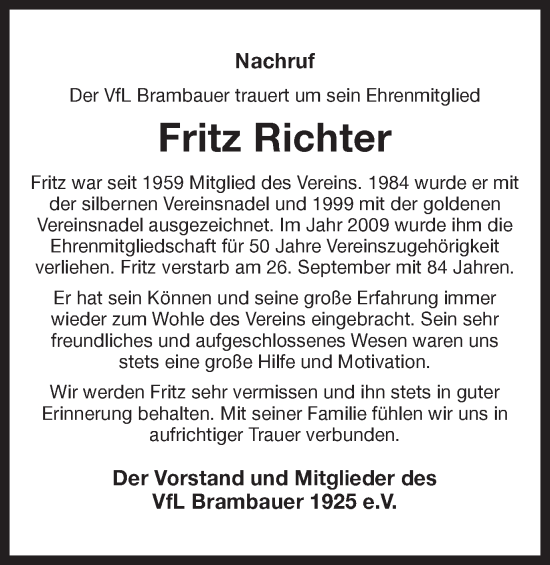 Traueranzeige von Fritz Richter von Ruhr Nachrichten
