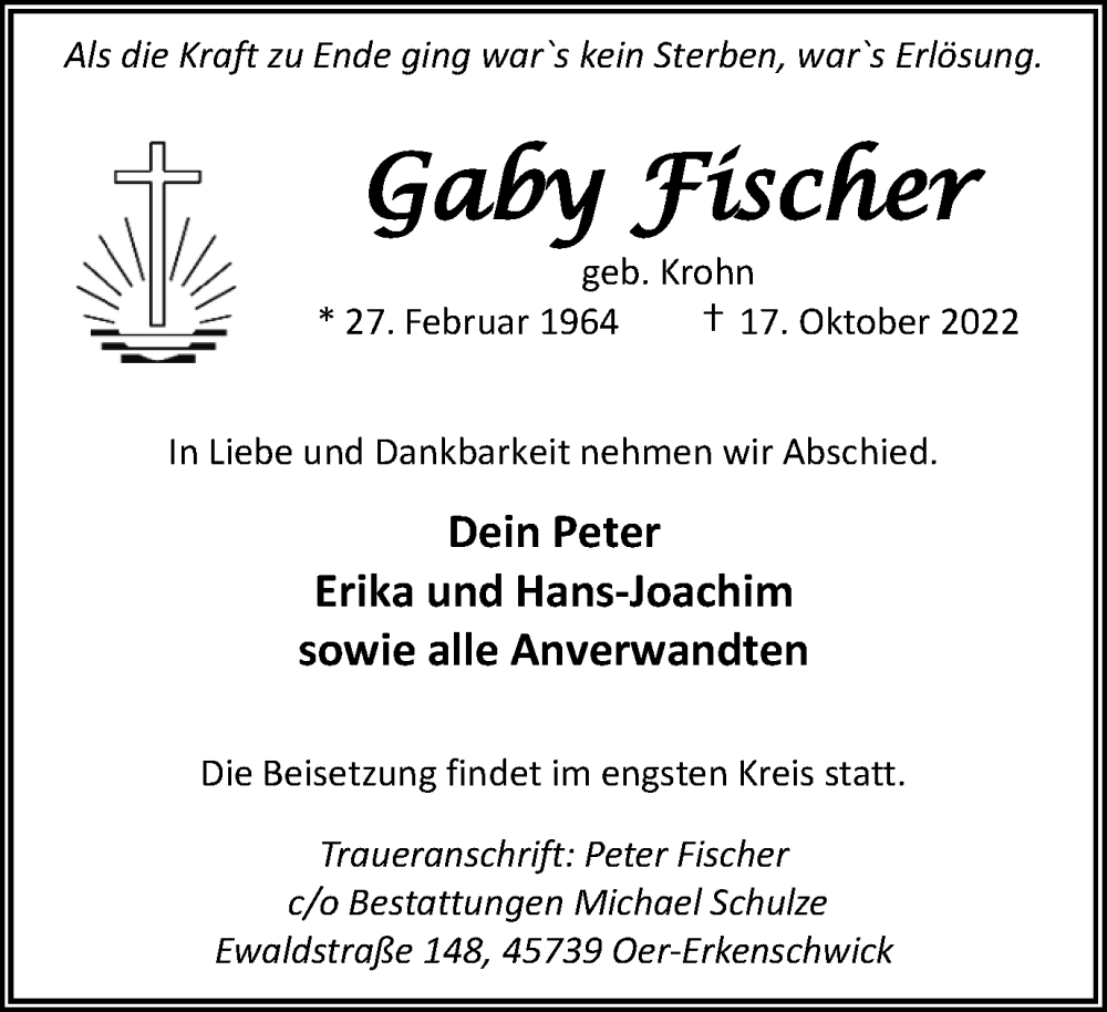 Traueranzeigen Von Gaby Fischer Sich Erinnern De