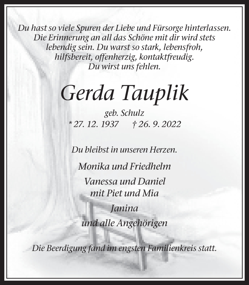 Traueranzeigen Von Gerda Tauplik Sich Erinnern De