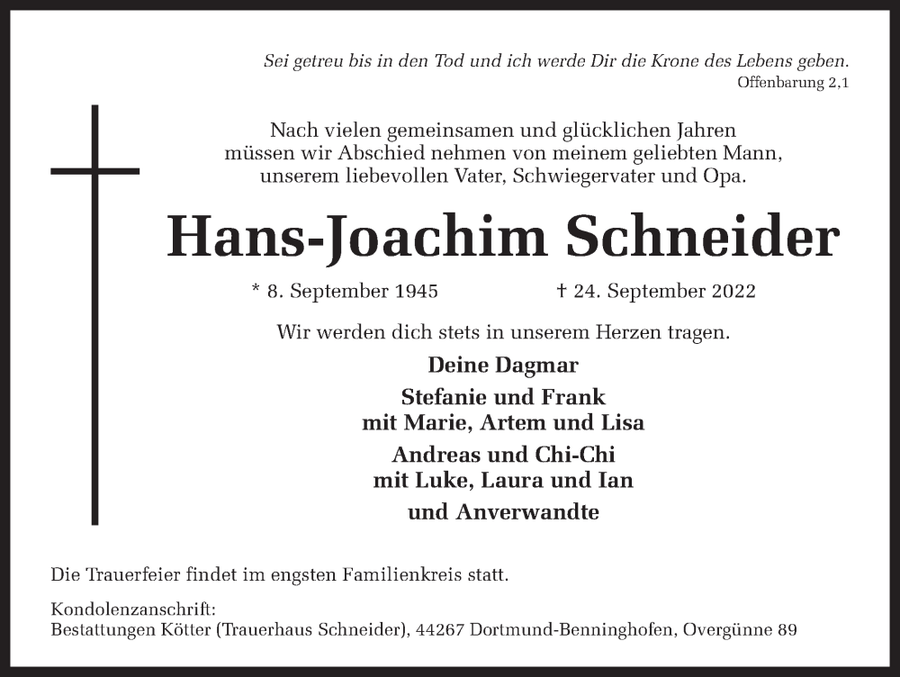 Traueranzeigen Von Hans Joachim Schneider Sich Erinnern De