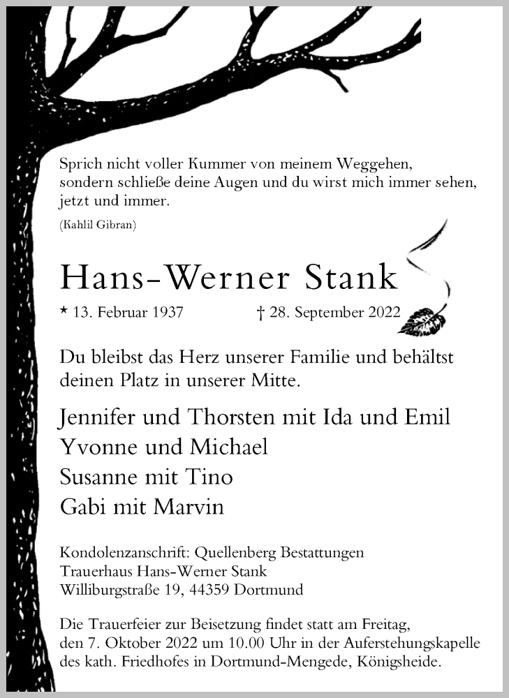  Traueranzeige für Hans-Werner Stank vom 01.10.2022 aus 