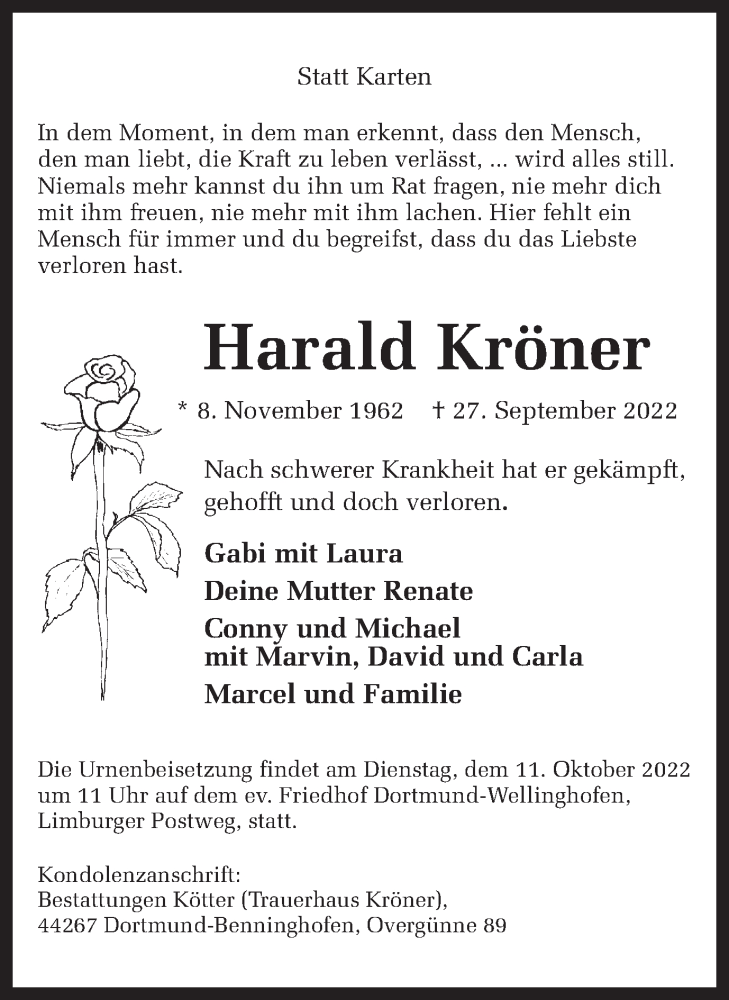  Traueranzeige für Harald Kröner vom 01.10.2022 aus 