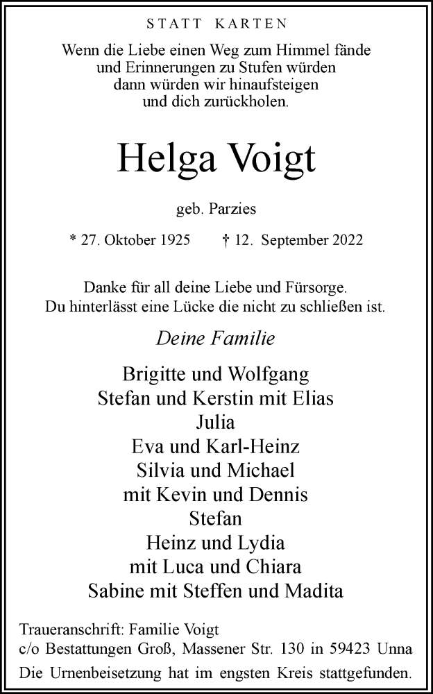  Traueranzeige für Helga Voigt vom 01.10.2022 aus Hellweger Anzeiger