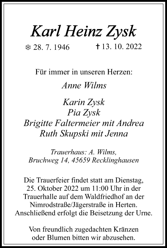 Traueranzeigen Von Karl Heinz Zysk Sich Erinnern De