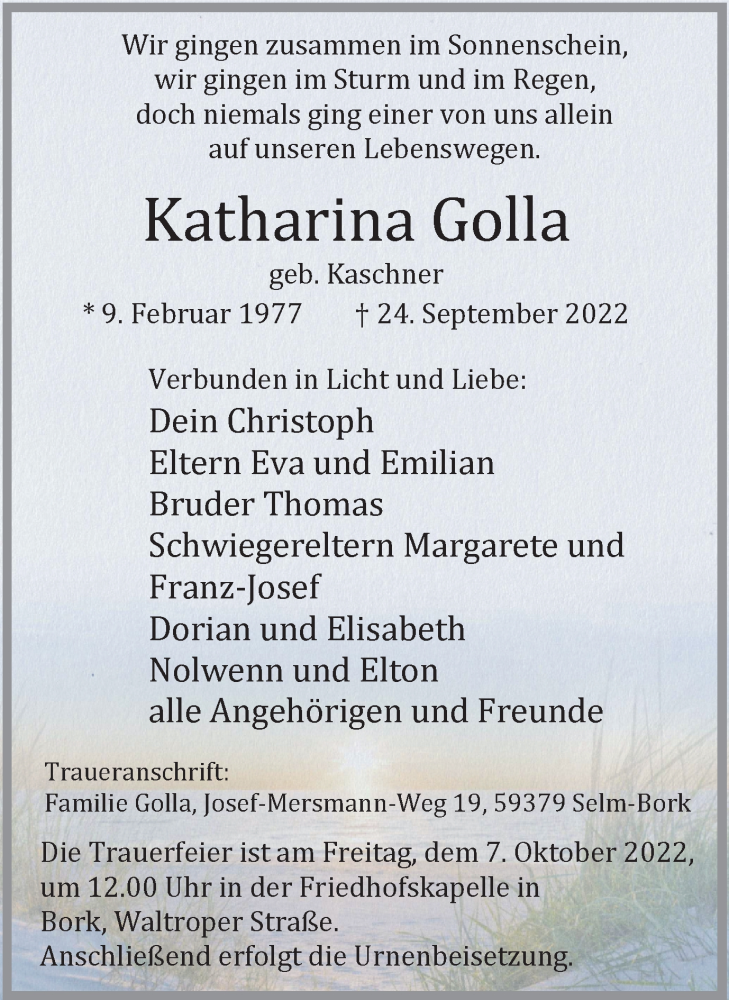  Traueranzeige für Katharina Golla vom 01.10.2022 aus Ruhr Nachrichten