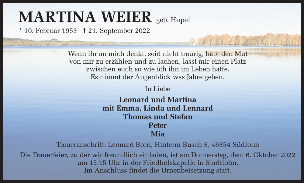  Traueranzeige für Martina Weier vom 01.10.2022 aus Münstersche Zeitung und Münsterland Zeitung