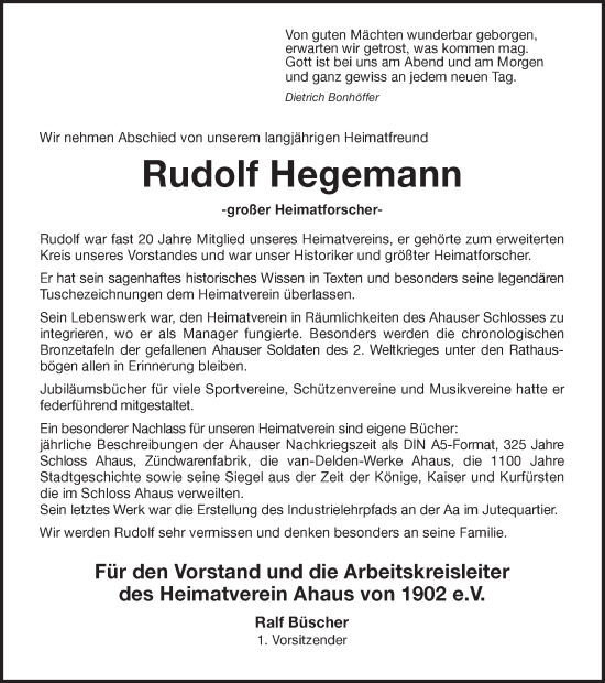Traueranzeige von Rudolf Hegemann von Münstersche Zeitung und Münsterland Zeitung