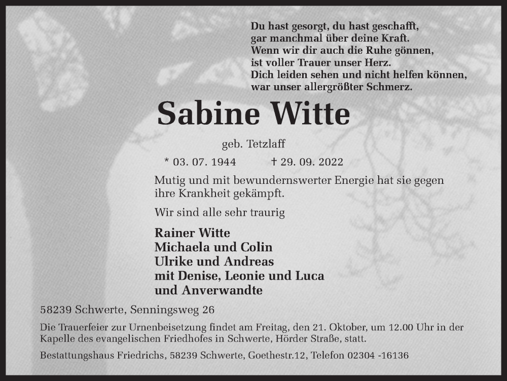  Traueranzeige für Sabine Witte vom 14.10.2022 aus Ruhr Nachrichten