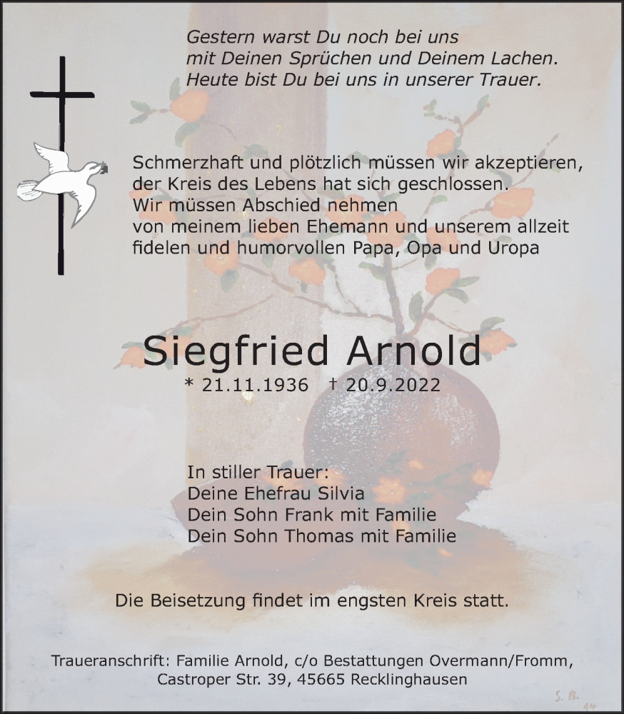  Traueranzeige für Siegfried Arnold vom 01.10.2022 aus Medienhaus Bauer