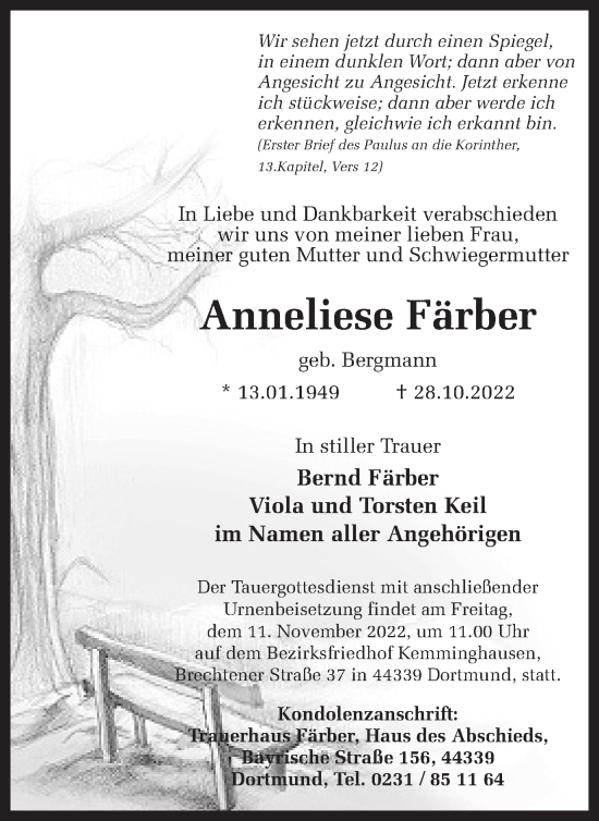 Traueranzeigen Von Anneliese F Rber Sich Erinnern De