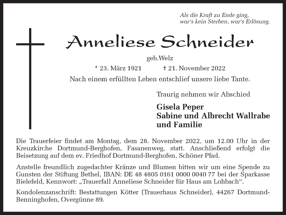 Traueranzeigen Von Anneliese Schneider Sich Erinnern De