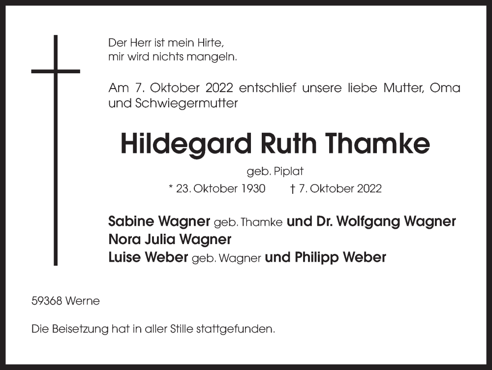 Traueranzeigen Von Hildegard Ruth Thamke Sich Erinnern De