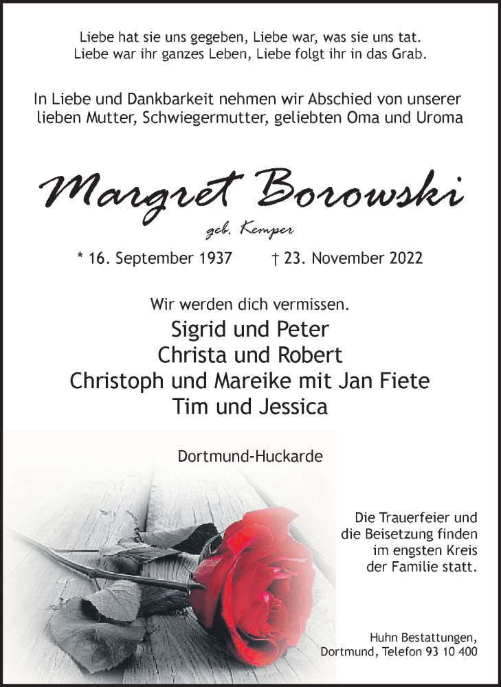  Traueranzeige für Margret Borowski vom 26.11.2022 aus 