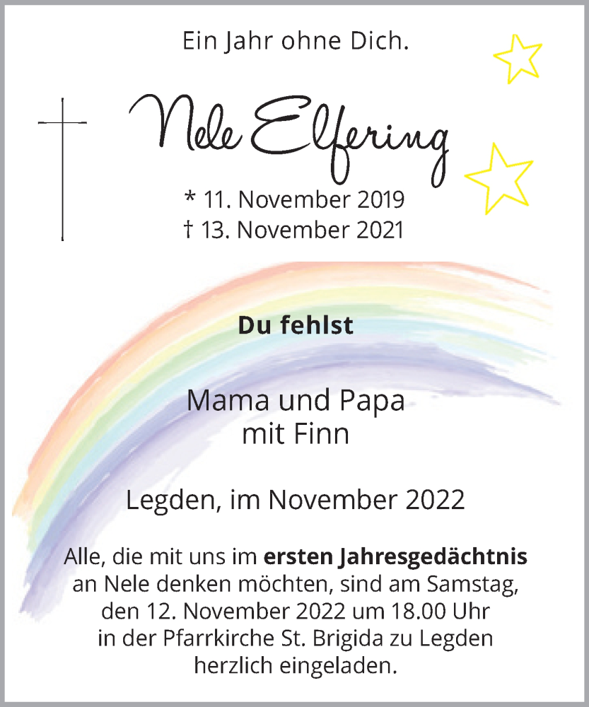  Traueranzeige für Nele Elfering vom 08.11.2022 aus Münstersche Zeitung und Münsterland Zeitung