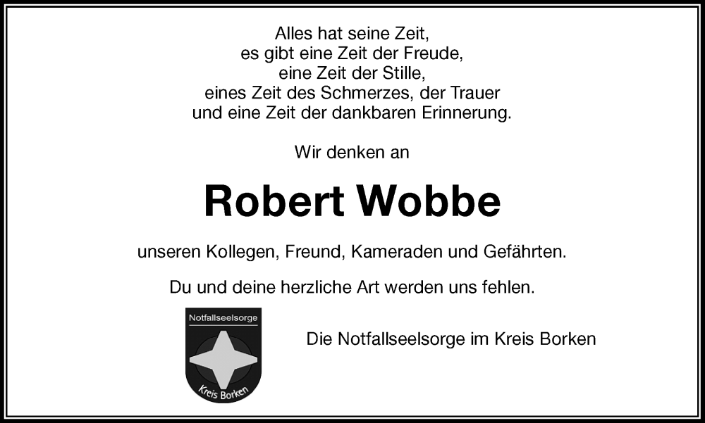  Traueranzeige für Robert Wobbe vom 18.11.2022 aus Münstersche Zeitung und Münsterland Zeitung