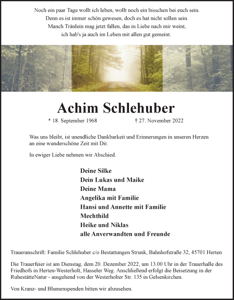  Traueranzeige für Achim Schlehuber vom 09.12.2022 aus Medienhaus Bauer