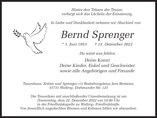 Traueranzeigen Von Bernd Sprenger Sich Erinnern De