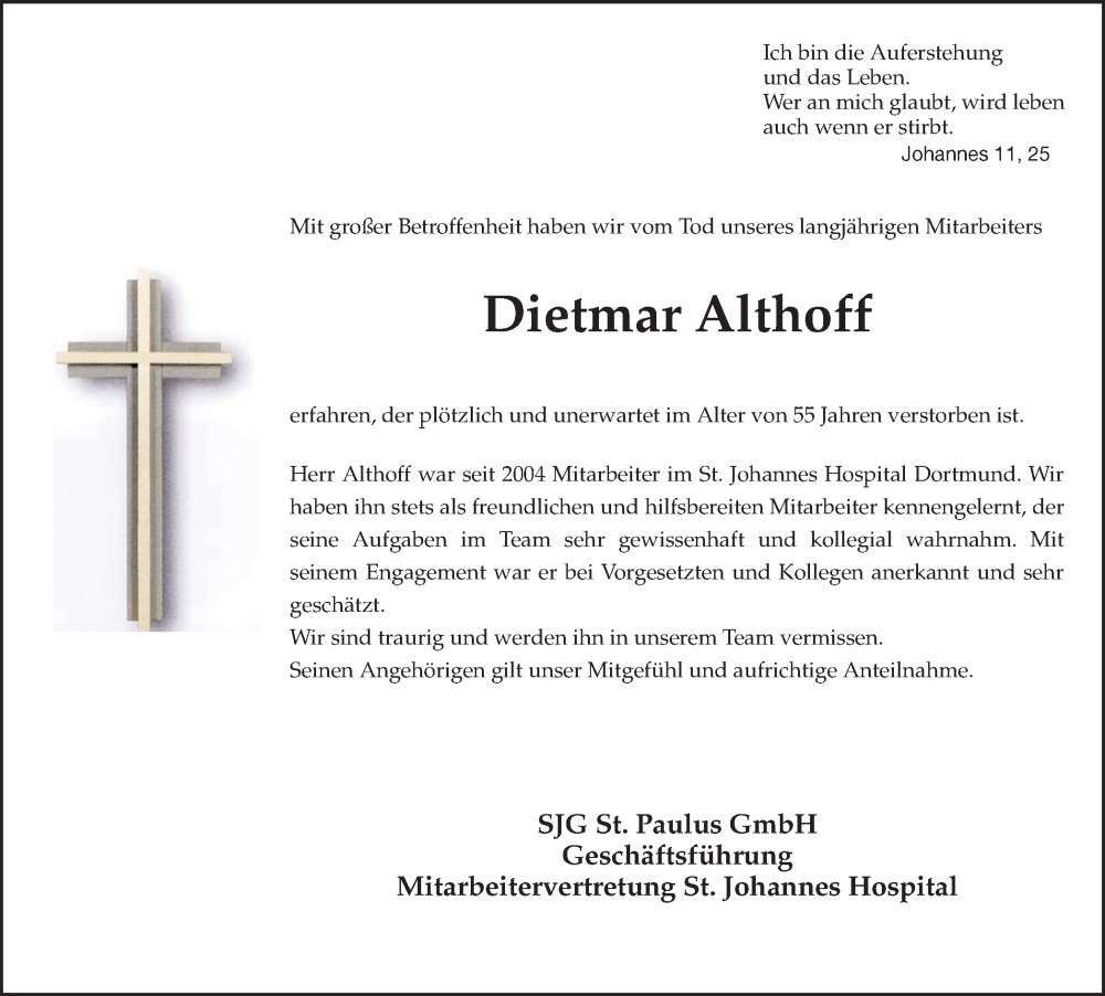  Traueranzeige für Dietmar Althoff vom 10.12.2022 aus 