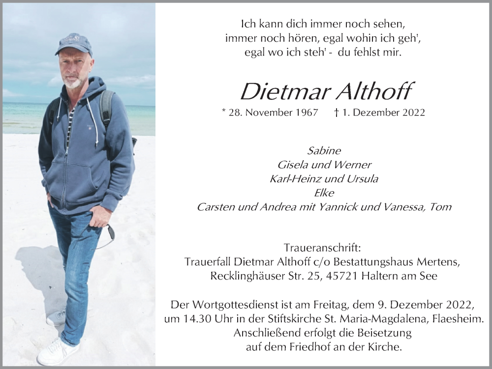 Traueranzeige für Dietmar Althoff vom 06.12.2022 aus Ruhr Nachrichten und Halterner Zeitung