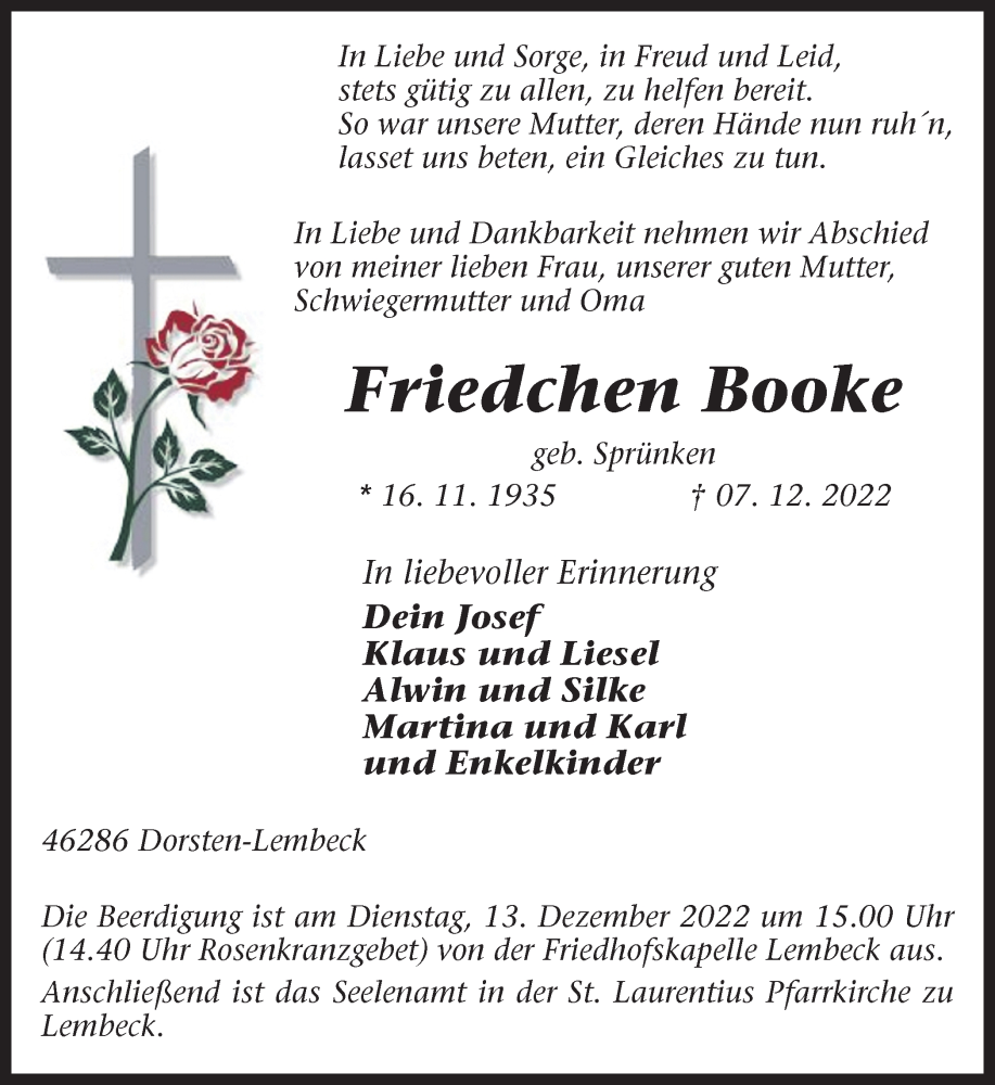  Traueranzeige für Friedchen Booke vom 09.12.2022 aus Ruhr Nachrichten und Dorstener Zeitung