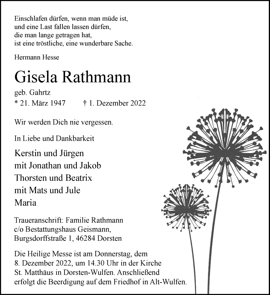  Traueranzeige für Gisela Rathmann vom 05.12.2022 aus Ruhr Nachrichten und Dorstener Zeitung