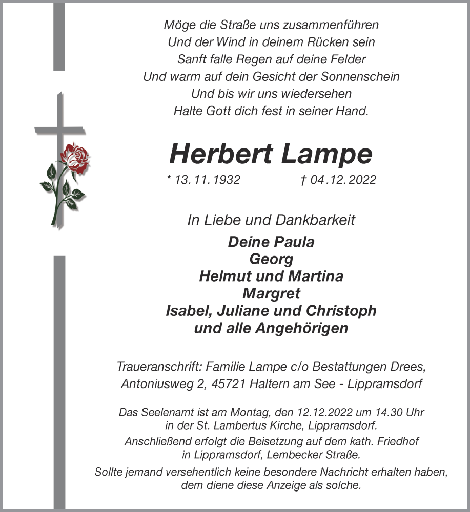  Traueranzeige für Herbert Lampe vom 08.12.2022 aus Ruhr Nachrichten und Halterner Zeitung