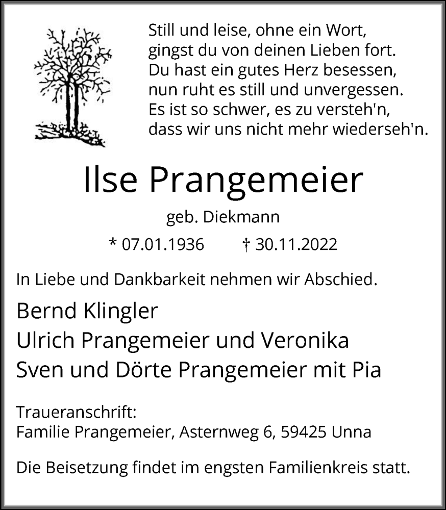  Traueranzeige für Ilse Prangemeier vom 02.12.2022 aus Hellweger Anzeiger