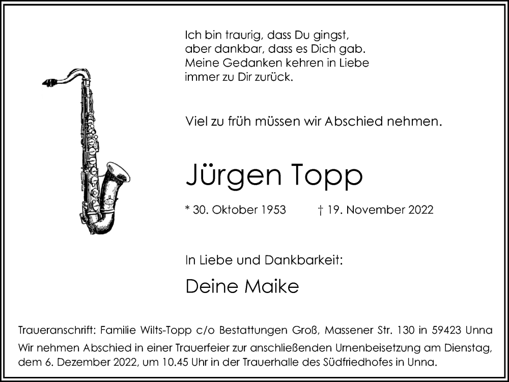  Traueranzeige für Jürgen Topp vom 01.12.2022 aus Hellweger Anzeiger