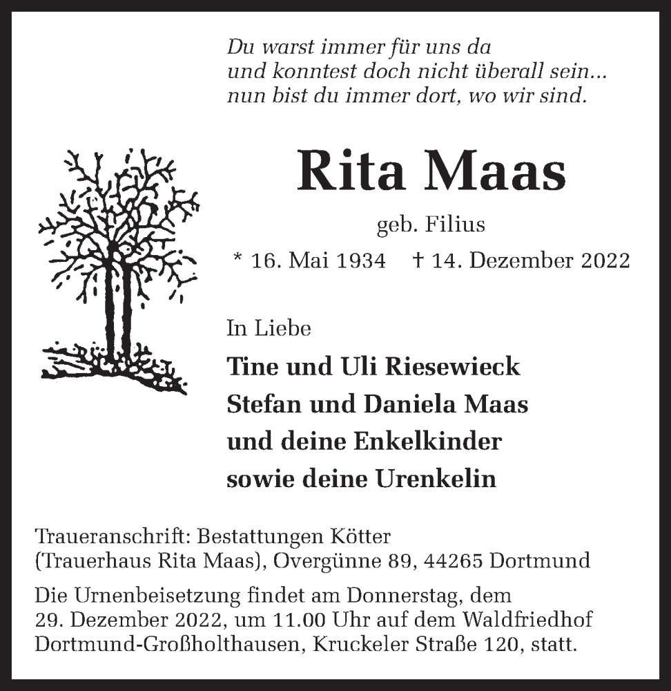 Traueranzeigen Von Rita Maas Sich Erinnern De