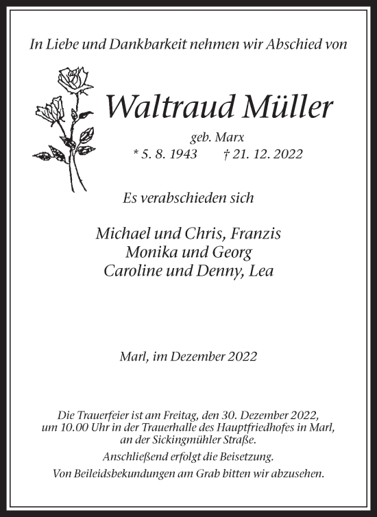 Traueranzeigen von Waltraud Müller sich erinnern de