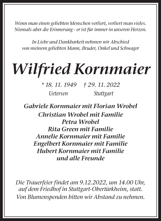 Traueranzeigen Von Wilfried Kornmaier Sich Erinnern De