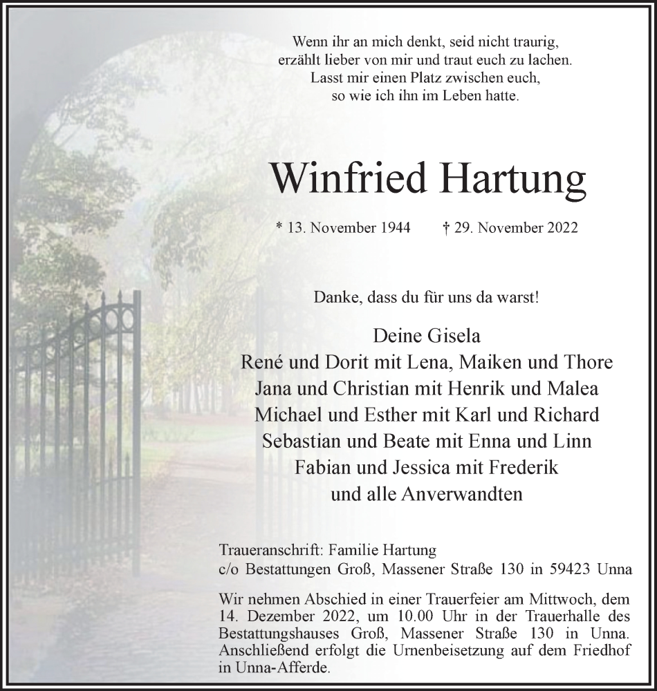  Traueranzeige für Winfried Hartung vom 07.12.2022 aus Hellweger Anzeiger
