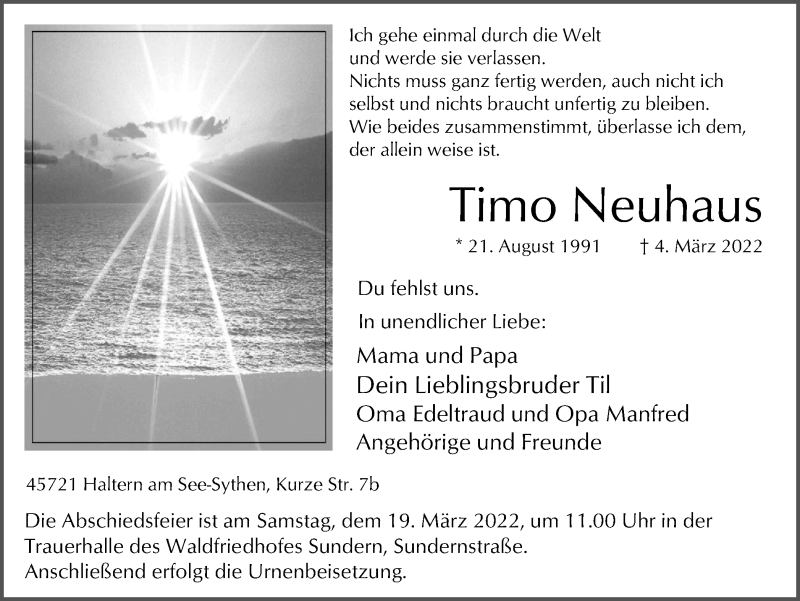  Traueranzeige für Timo Neuhaus vom 16.03.2022 aus Ruhr Nachrichten und Halterner Zeitung