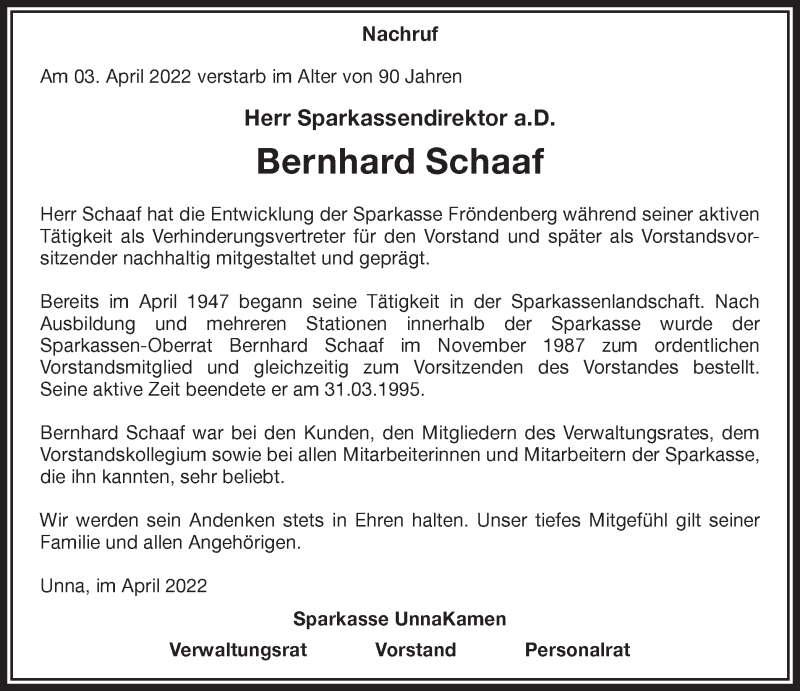 Traueranzeigen Von Bernhard Schaaf Sich Erinnern De