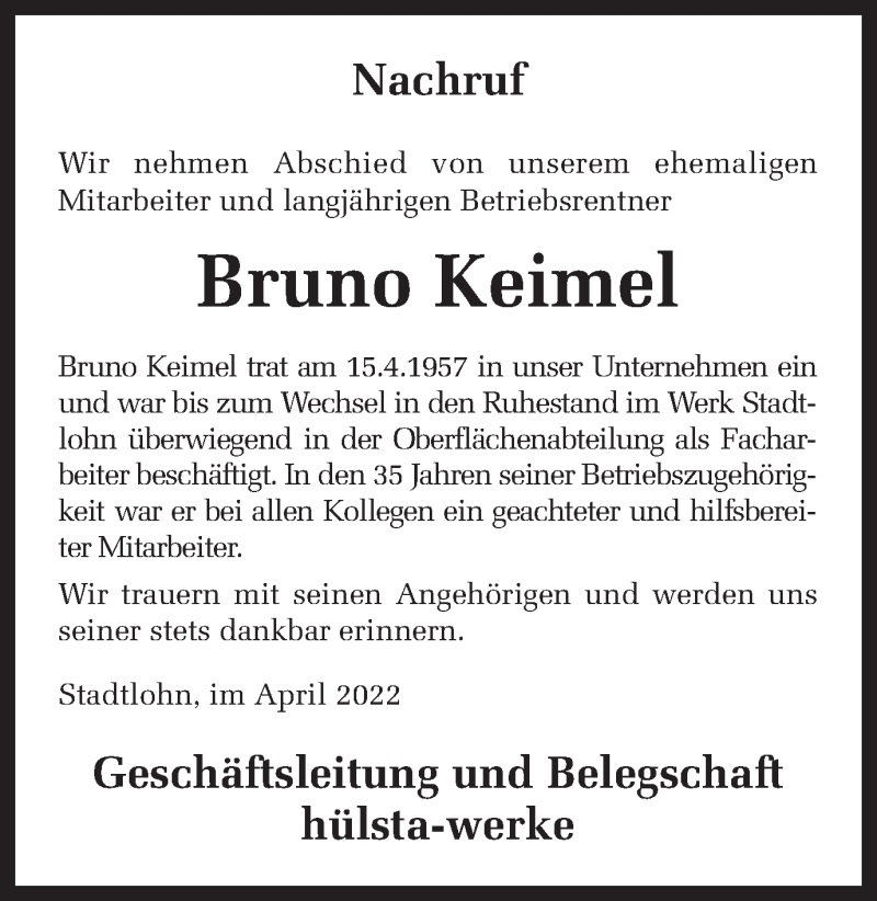  Traueranzeige für Bruno Keimel vom 21.04.2022 aus Münstersche Zeitung und Münsterland Zeitung