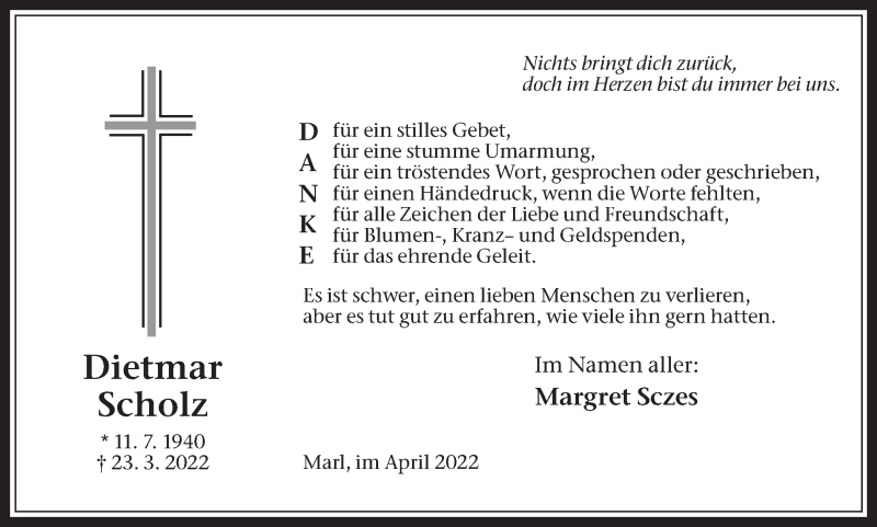  Traueranzeige für Dietmar Scholz vom 27.04.2022 aus Medienhaus Bauer