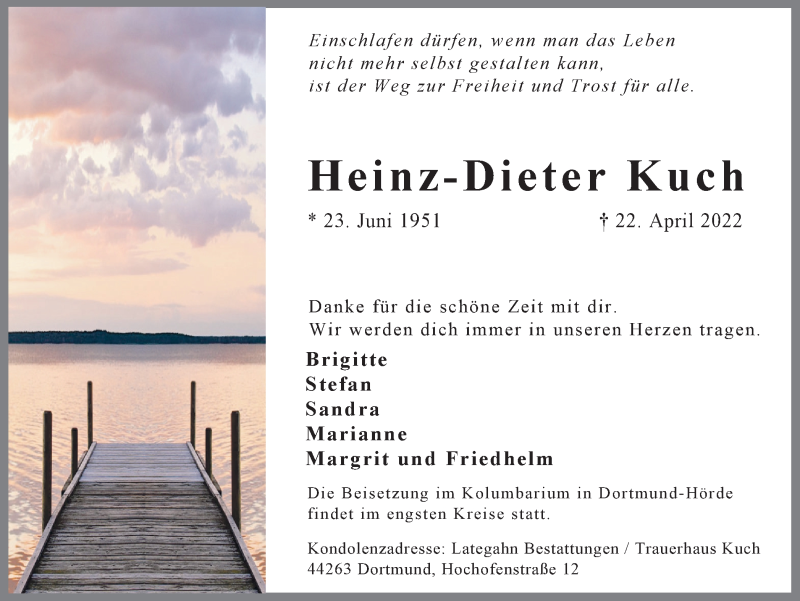  Traueranzeige für Heinz-Dieter Kuch vom 30.04.2022 aus 