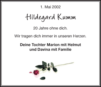 Traueranzeige von Hildegard Kumm 