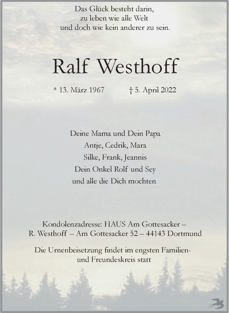  Traueranzeige für Ralf Westhoff vom 16.04.2022 aus 