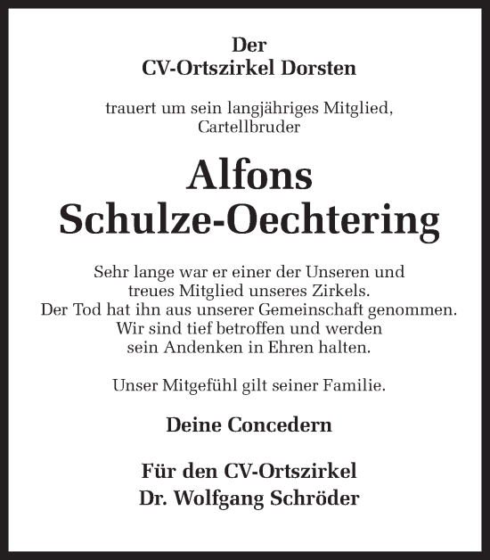 Traueranzeige von Alfons Schulze-Oechtering von Ruhr Nachrichten und Dorstener Zeitung