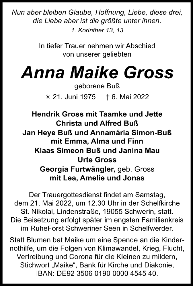  Traueranzeige für Anna Maike Gross vom 14.05.2022 aus Hellweger Anzeiger