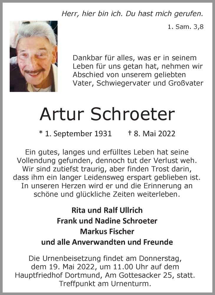  Traueranzeige für Artur Schroeter vom 14.05.2022 aus 
