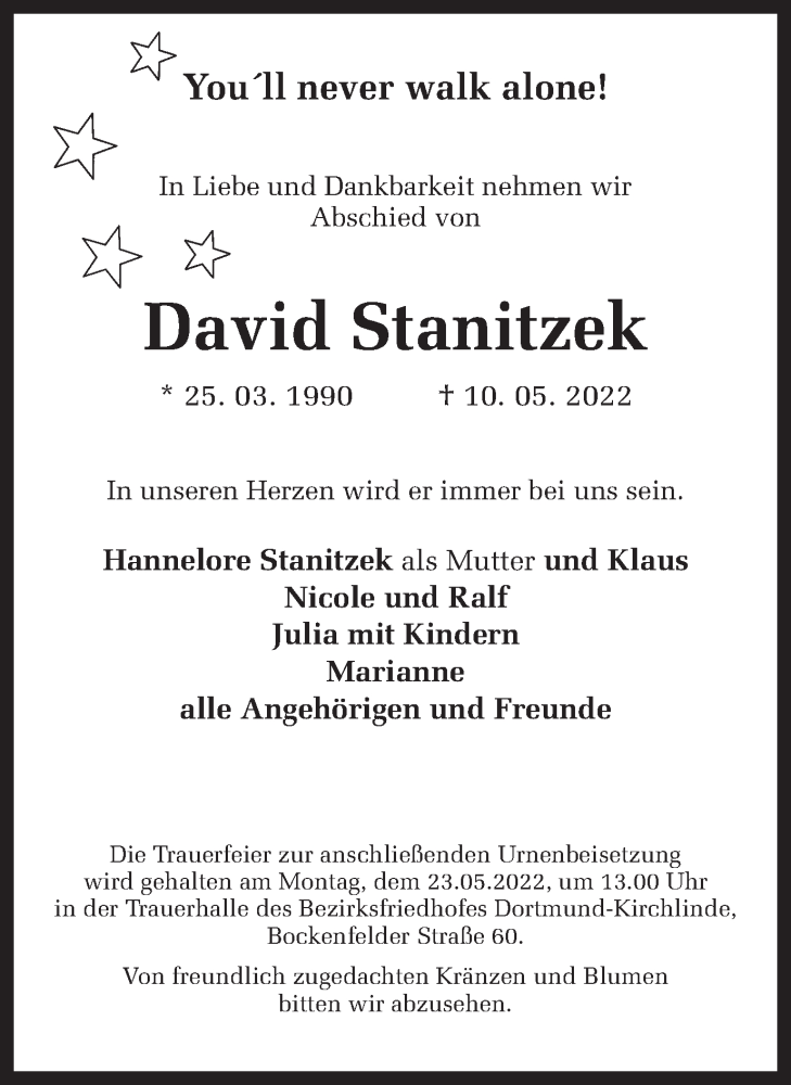  Traueranzeige für David Stanitzek vom 18.05.2022 aus 