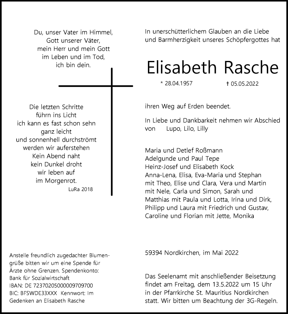  Traueranzeige für Elisabeth Rasche vom 07.05.2022 aus Ruhr Nachrichten
