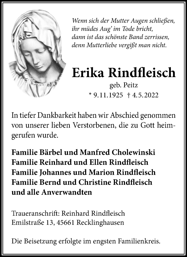  Traueranzeige für Erika Rindfleisch vom 11.05.2022 aus Medienhaus Bauer
