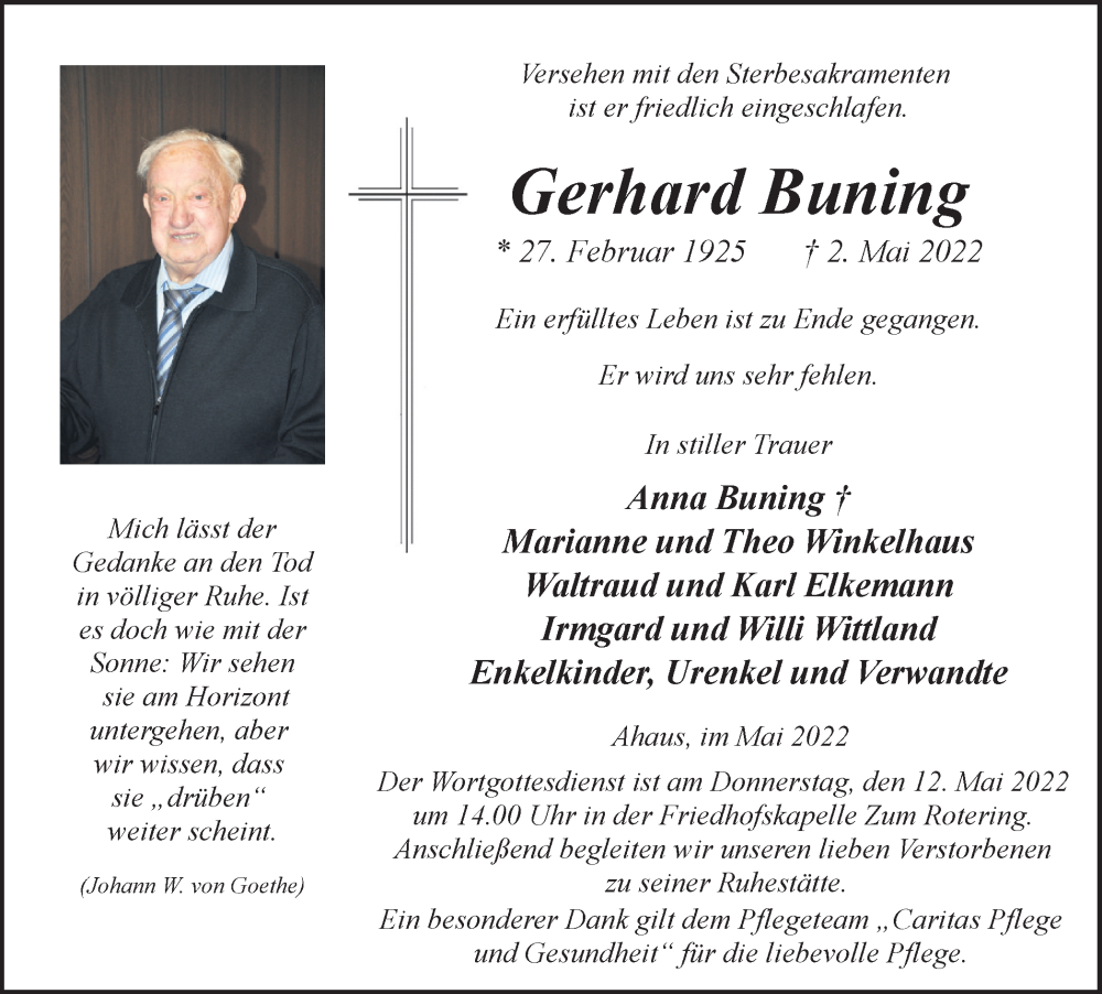  Traueranzeige für Gerhard Buning vom 09.05.2022 aus Münstersche Zeitung und Münsterland Zeitung