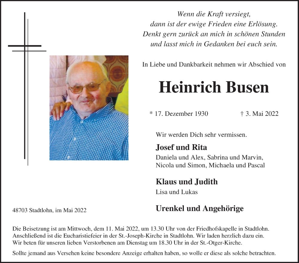  Traueranzeige für Heinrich Busen vom 07.05.2022 aus Münstersche Zeitung und Münsterland Zeitung