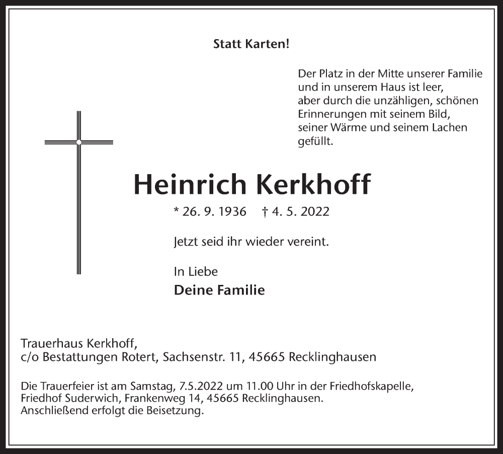  Traueranzeige für Heinrich Kerkhoff vom 06.05.2022 aus Medienhaus Bauer